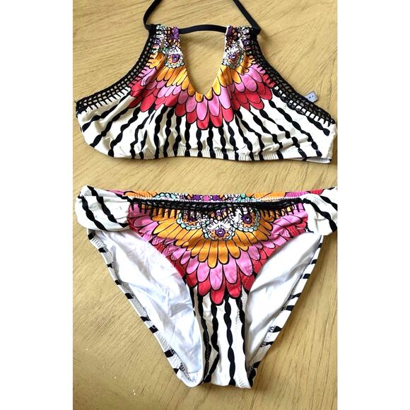 Trina Turk Ibiza Bikini Sz 6 Peacock Feathers Multicolored print Crochet Boho - Picture 3 of 16